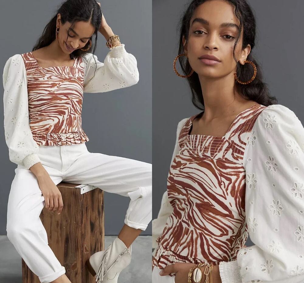 Anthropologie Love The Label Smocked Eyelet Puff Sleeve Blouse Top Sz Small